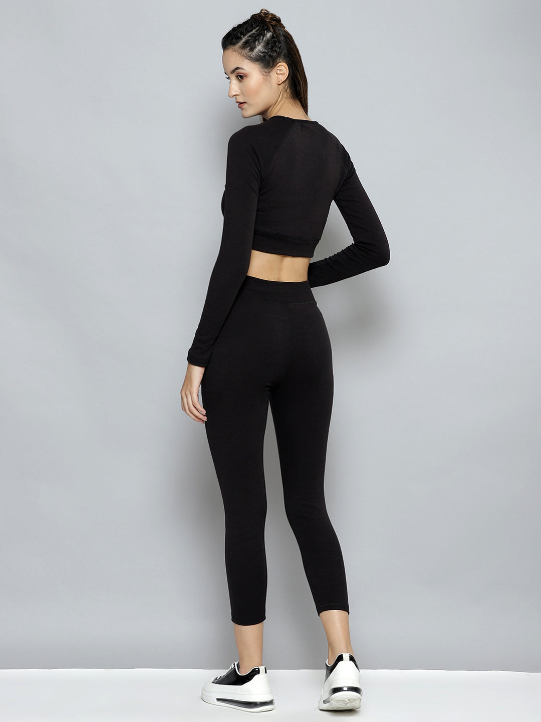 Women Black Rib ACTIVE Crop Top With Tights