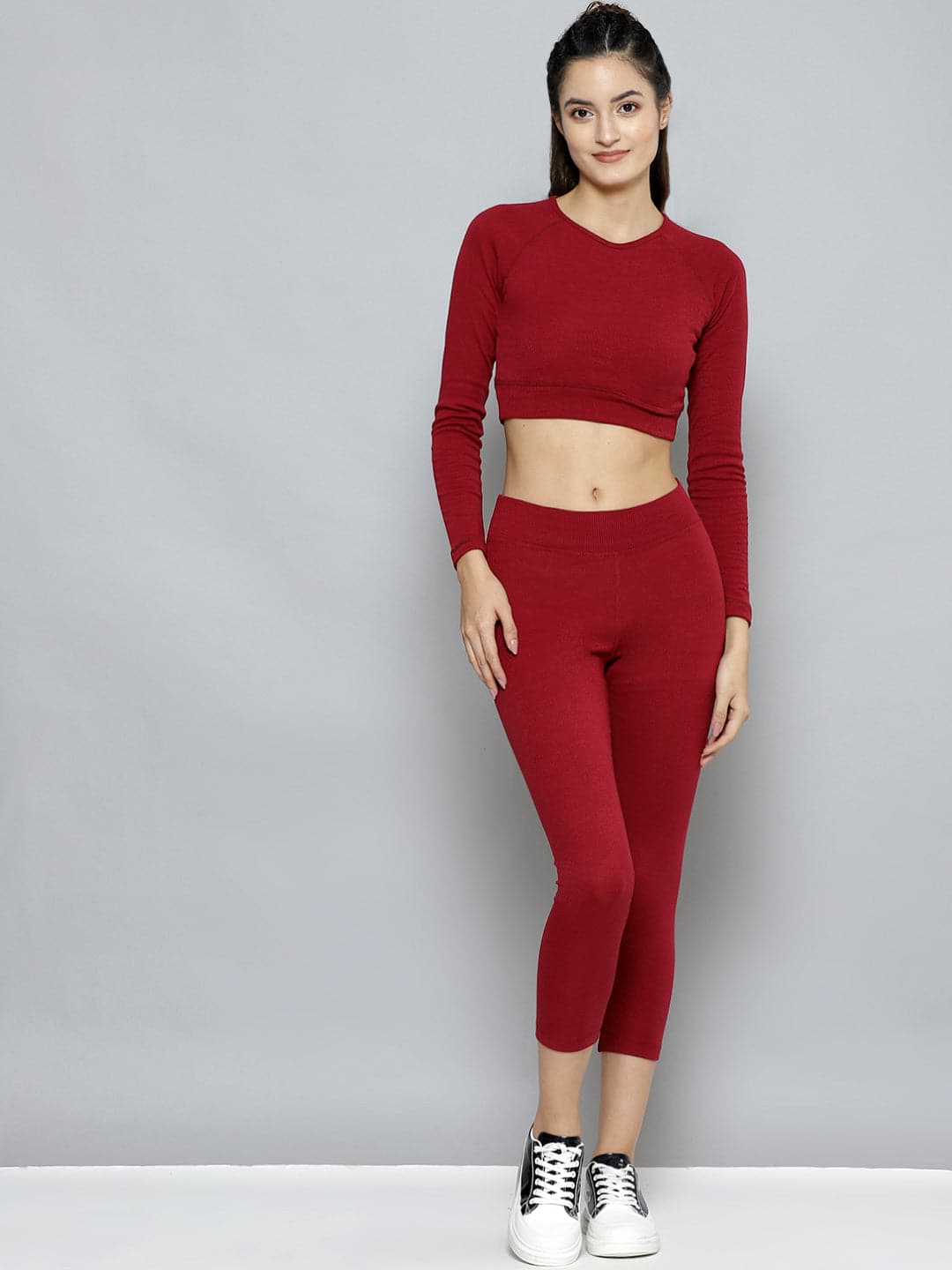 Women Maroon Rib ACTIVE Crop Top With Tights-Co-Ords-SASSAFRAS