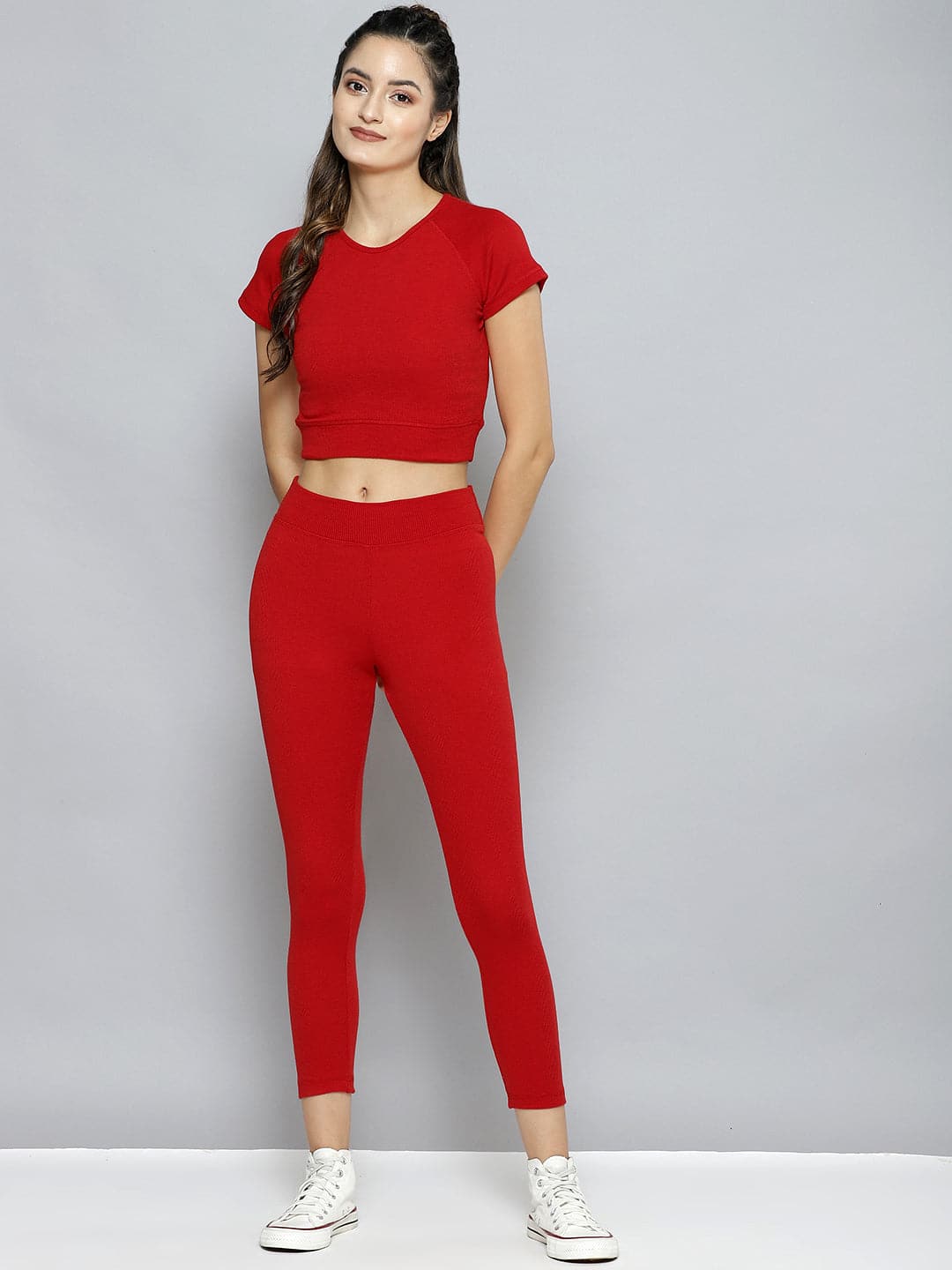 Women Red Rib ACTIVE Crop Top With Tights-Co-Ords-SASSAFRAS