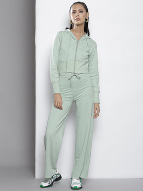 Women Sea Green Terry Hooded Jacket with Track Pants
