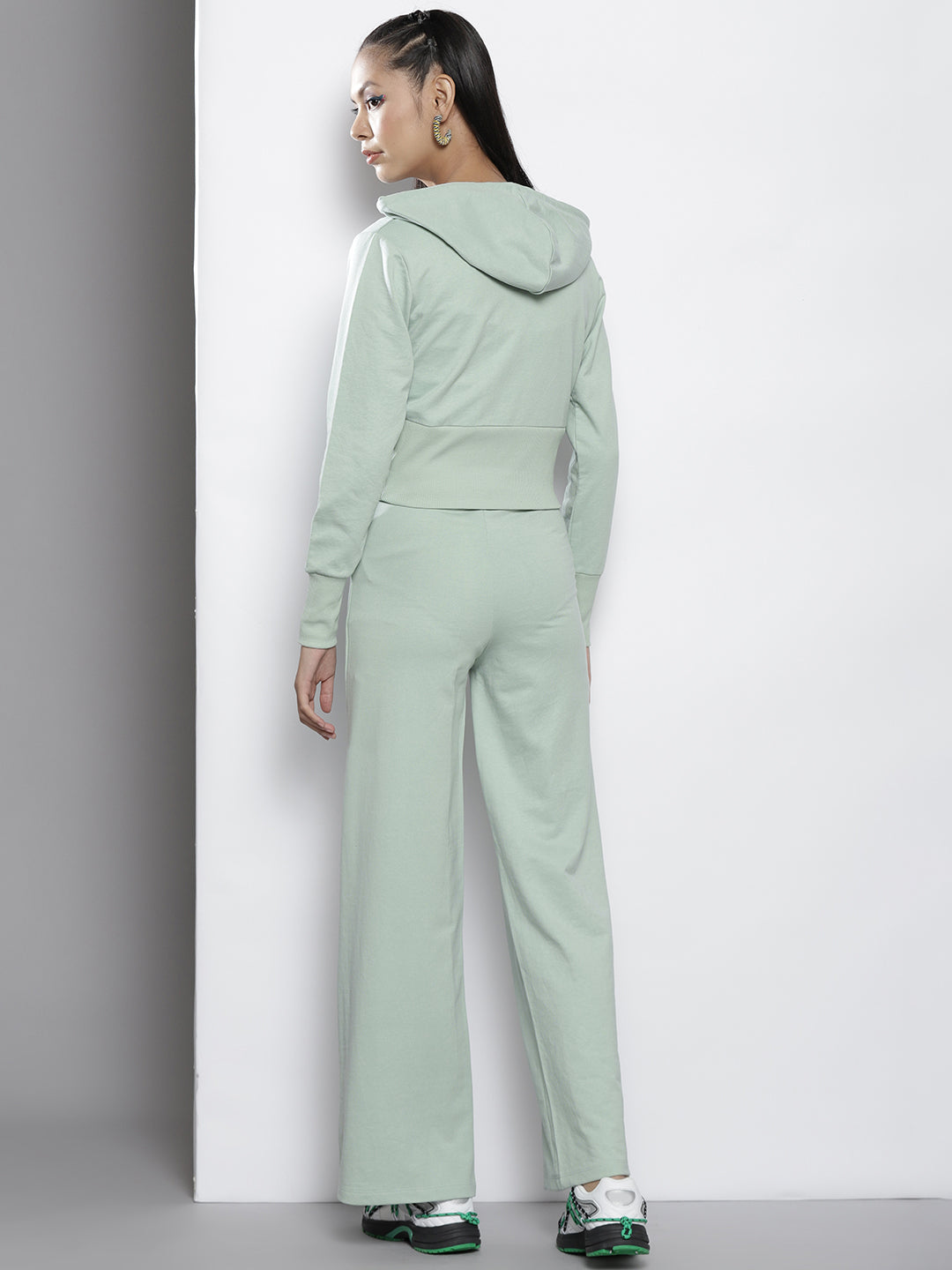 Women Sea Green Terry Hooded Jacket with Track Pants