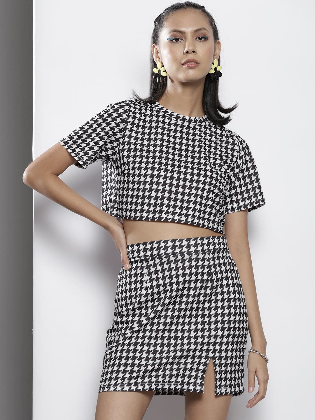 Black & White Geo Knit Crop Top With Mini Skirt-SASSAFRAS