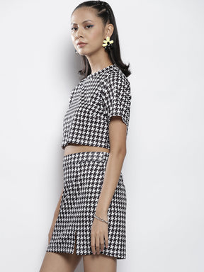 Women Black & White Geo Knit Crop Top With Mini Skirt