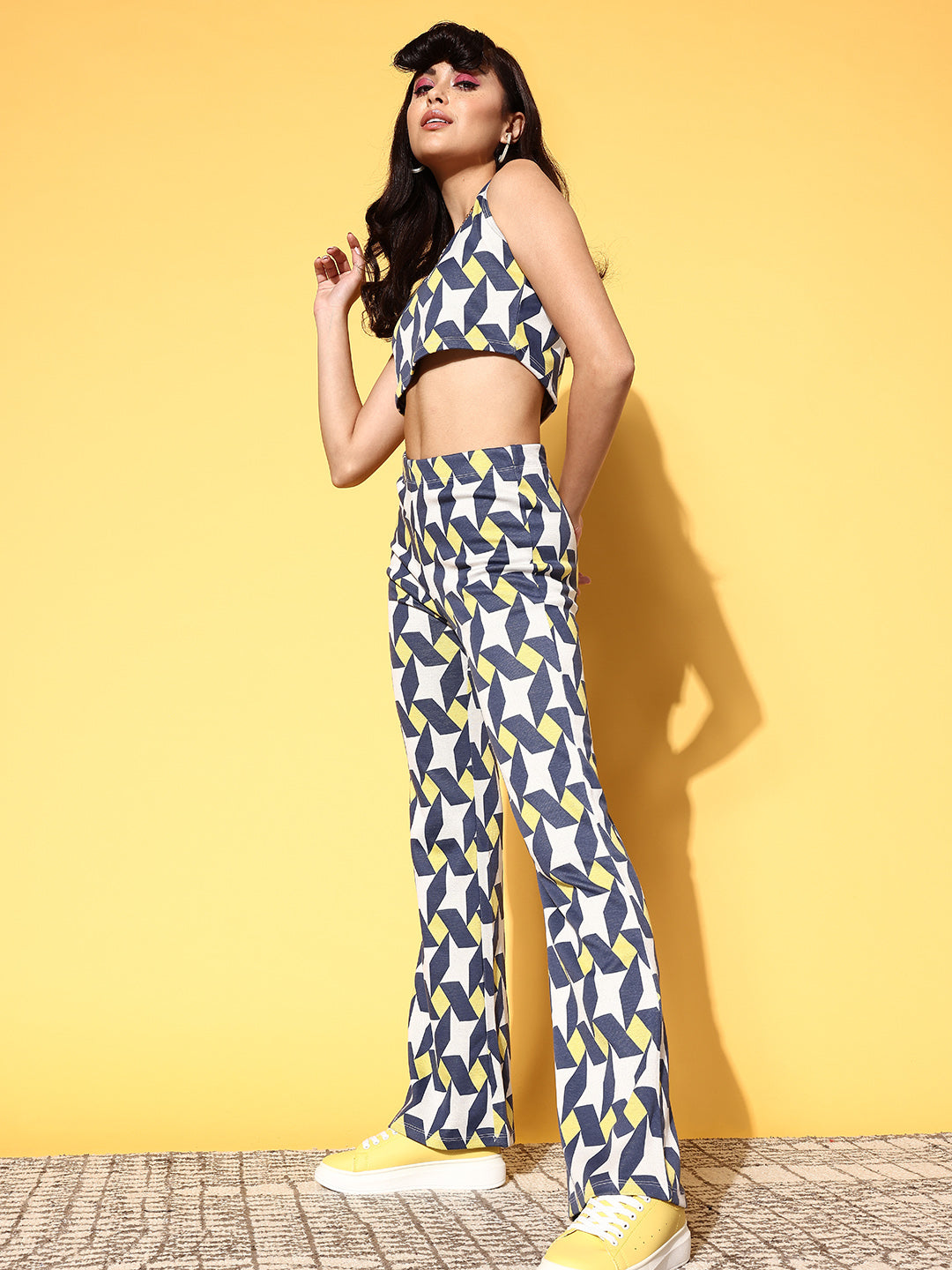 Women Blue & White Geo Crop Top With Bell Bottom Pants