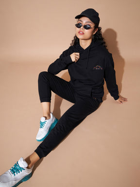 Black Embroidered Oversized Hoodie With Track Pants-SASSAFRAS BASICS