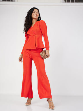 Orange Wrap Peplum Top With Bellbottom Pants-SASSAFRAS