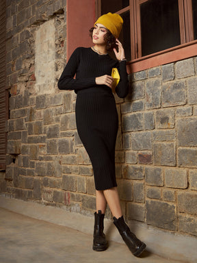 Black Rib Sweater With Pencil Skirt-SASSAFRAS