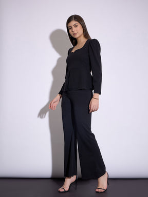 Black Peplum Top With Bell Bottom Pants-SASSAFRAS worklyf