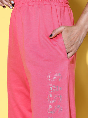 Women Pink Sassafras Studded Crop Jacket with Joggers