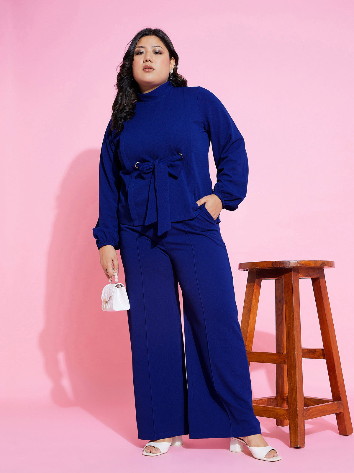 Royal Blue Knot Top With Straight Pants-SASSAFRAS Curve