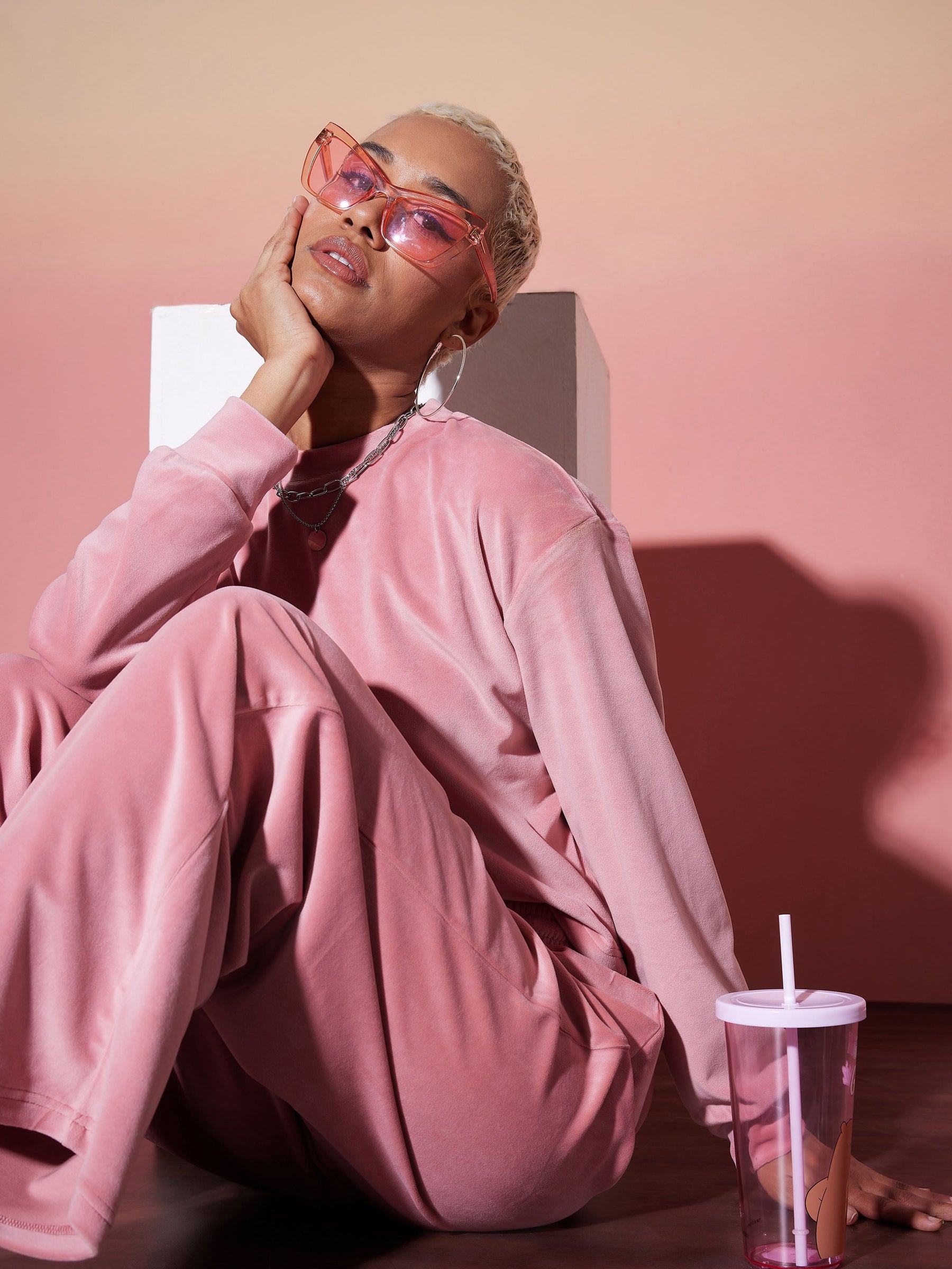 Pink Velour Sweatshirt With Track Pants-SASSAFRAS alt-laze