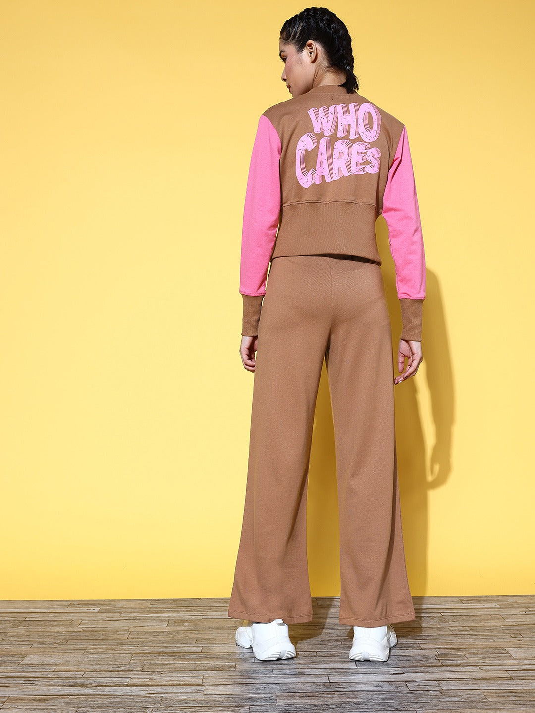 Women Brown Who CARES Color Jacket With Track Pants