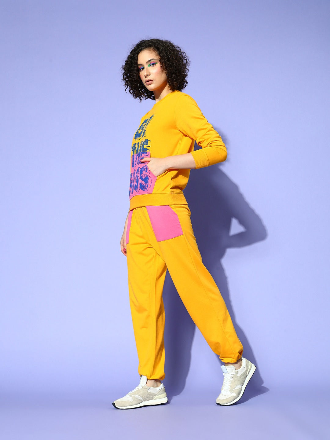 Women Yellow BE THE BOSS Sweatshirt With Joggers
