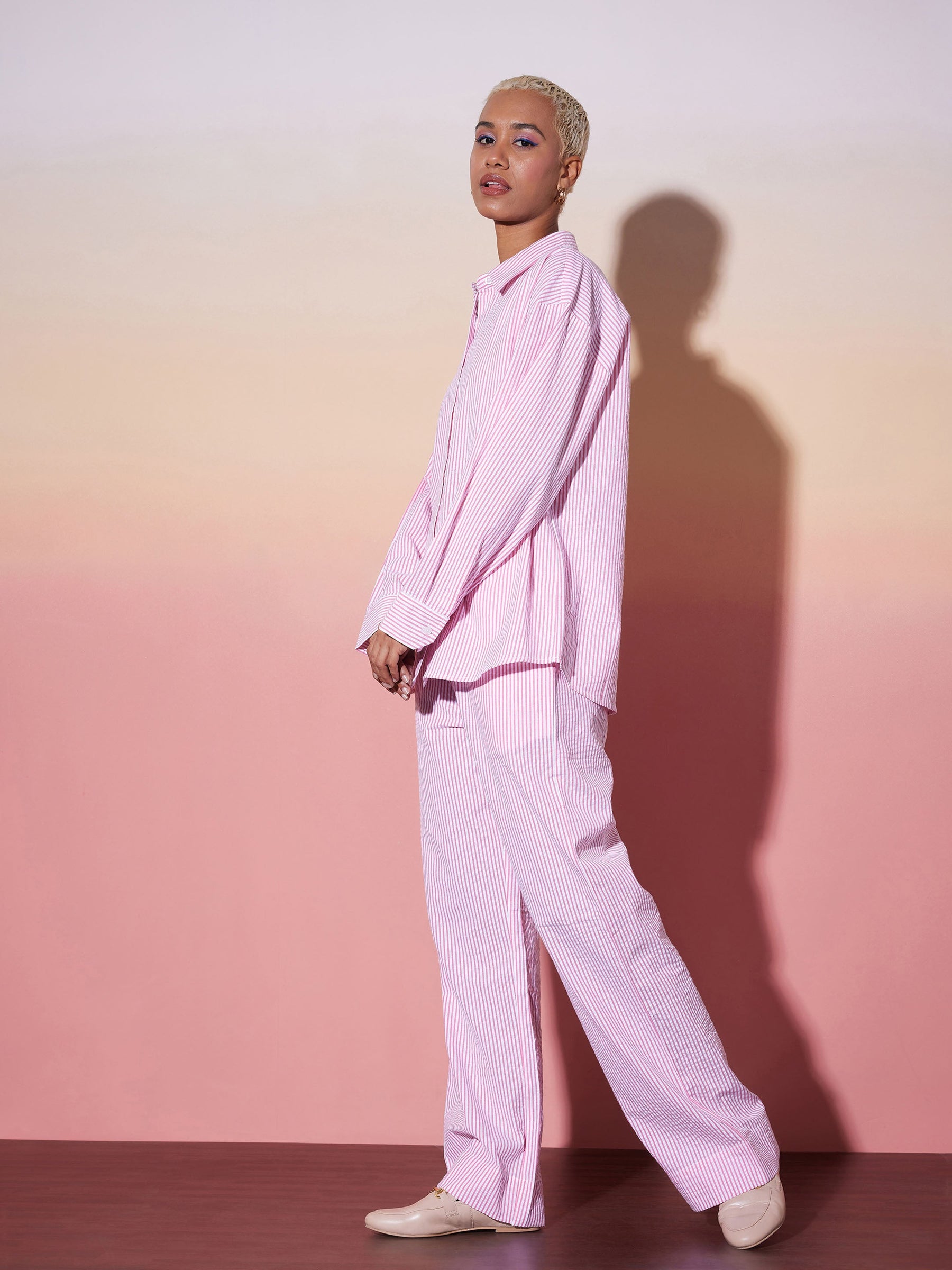 Women White & Pink Striped Shirt With Lounge Pants