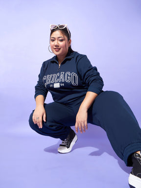 Navy Fleece CHICAGO Zipper Sweatshirt With Joggers-SASSAFRAS Curve