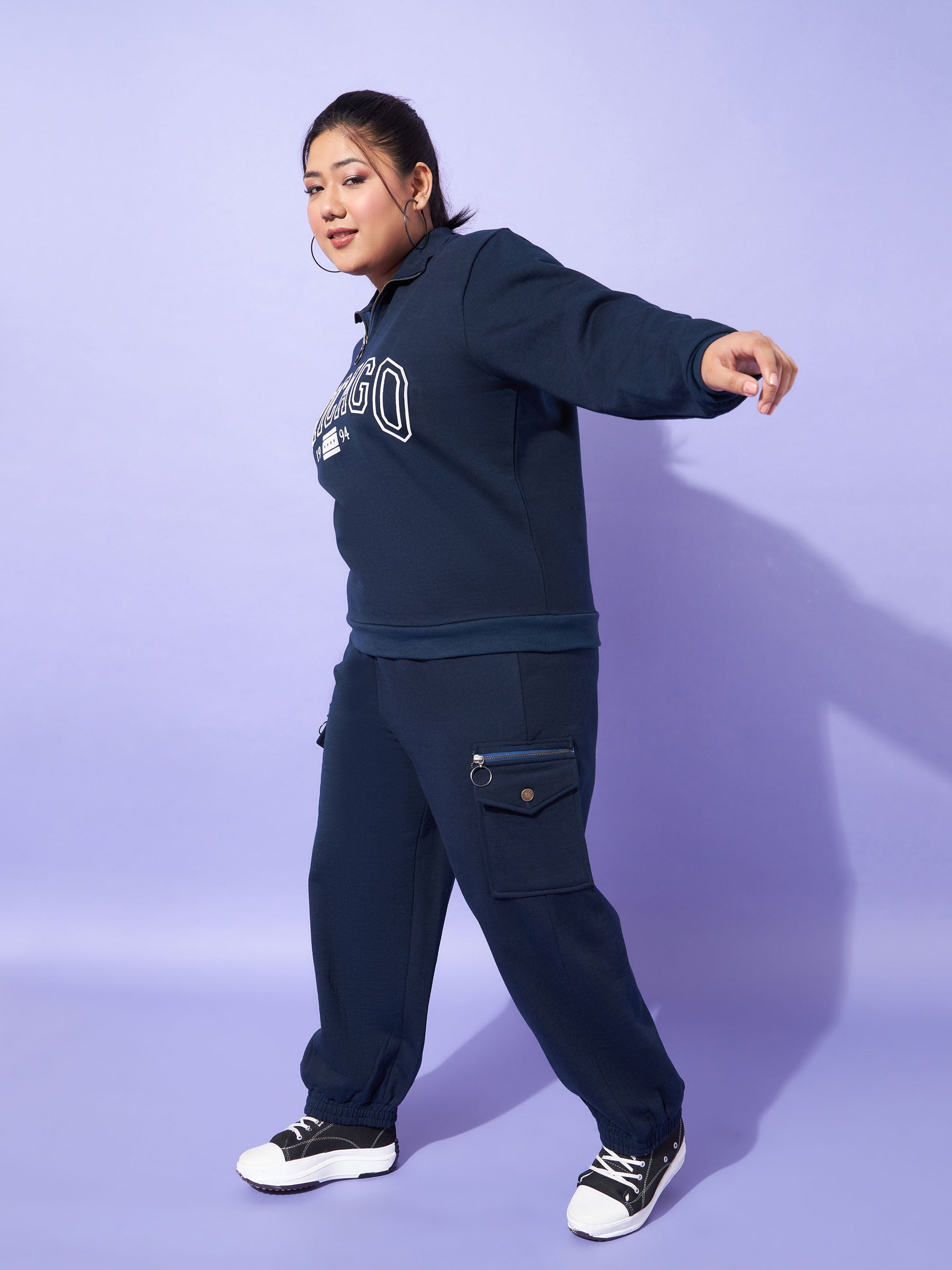 Navy Fleece CHICAGO Zipper Sweatshirt With Joggers-SASSAFRAS Curve