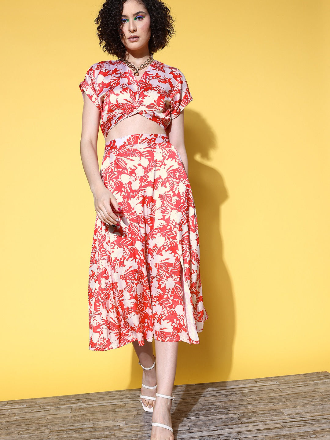 Women Red Satin Floral Knot Crop Top With Flared Skirt