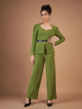 Green Belted Peplum Top With Darted Straight Pants-SASSAFRAS