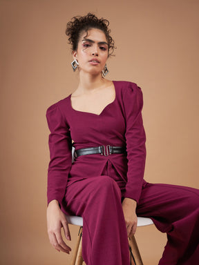 Maroon Belted Peplum Top With Darted Straight Pants-SASSAFRAS