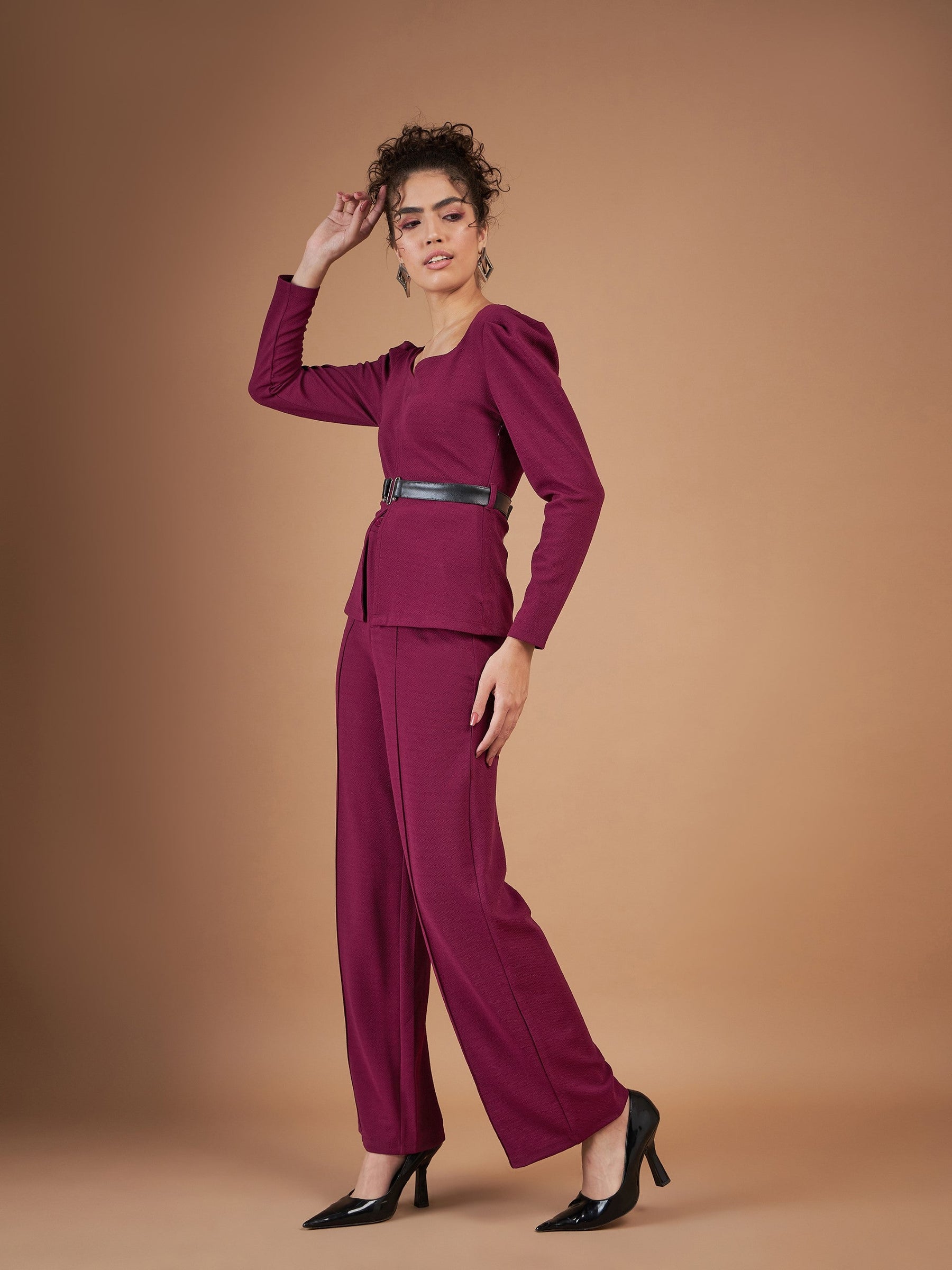 Maroon Belted Peplum Top With Darted Straight Pants-SASSAFRAS