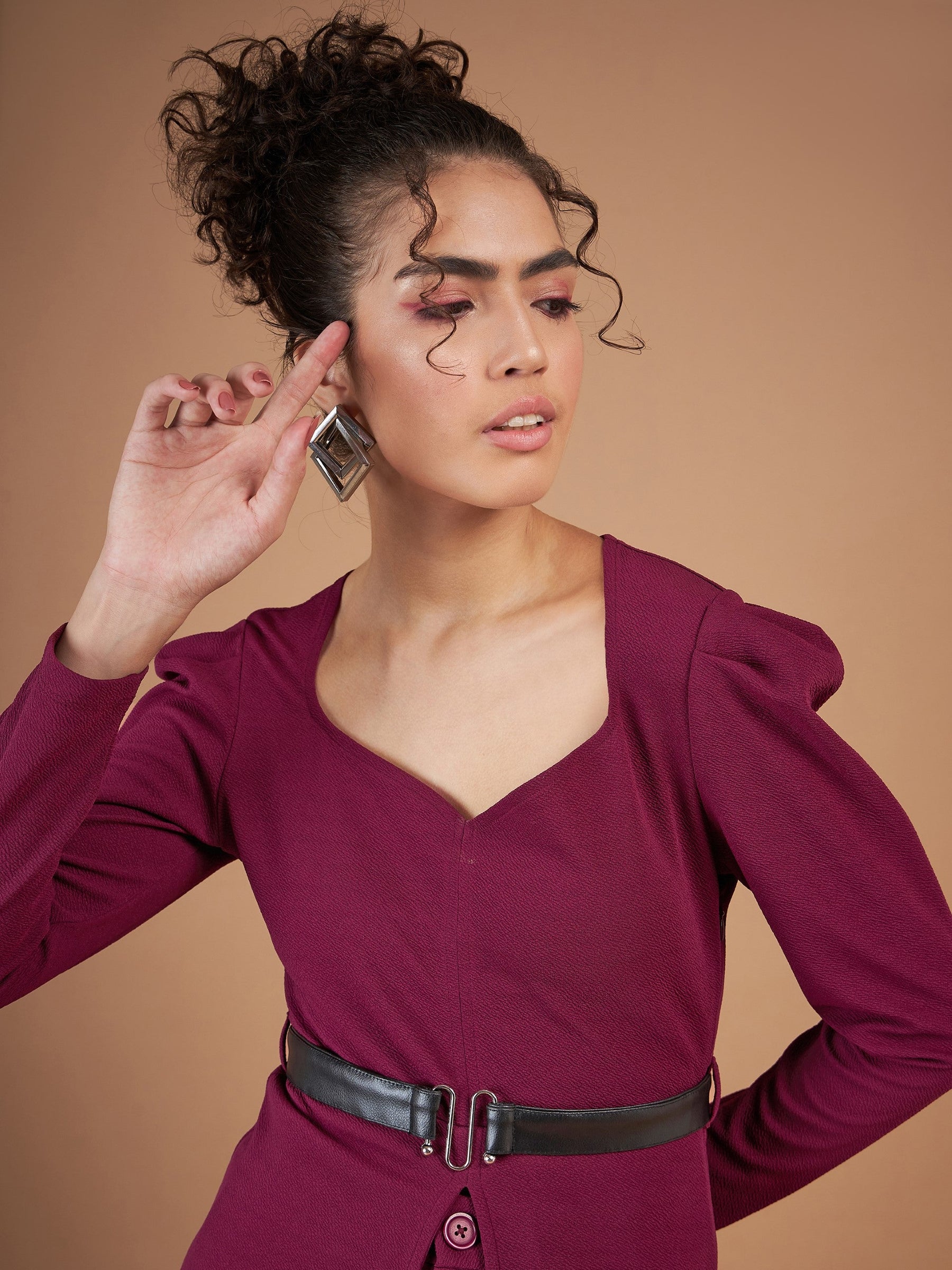 Women Maroon Side Knot Peplum Top