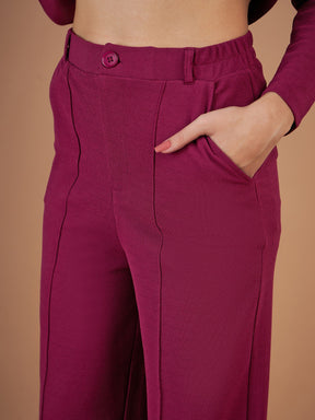 Maroon Belted Peplum Top With Darted Straight Pants-SASSAFRAS