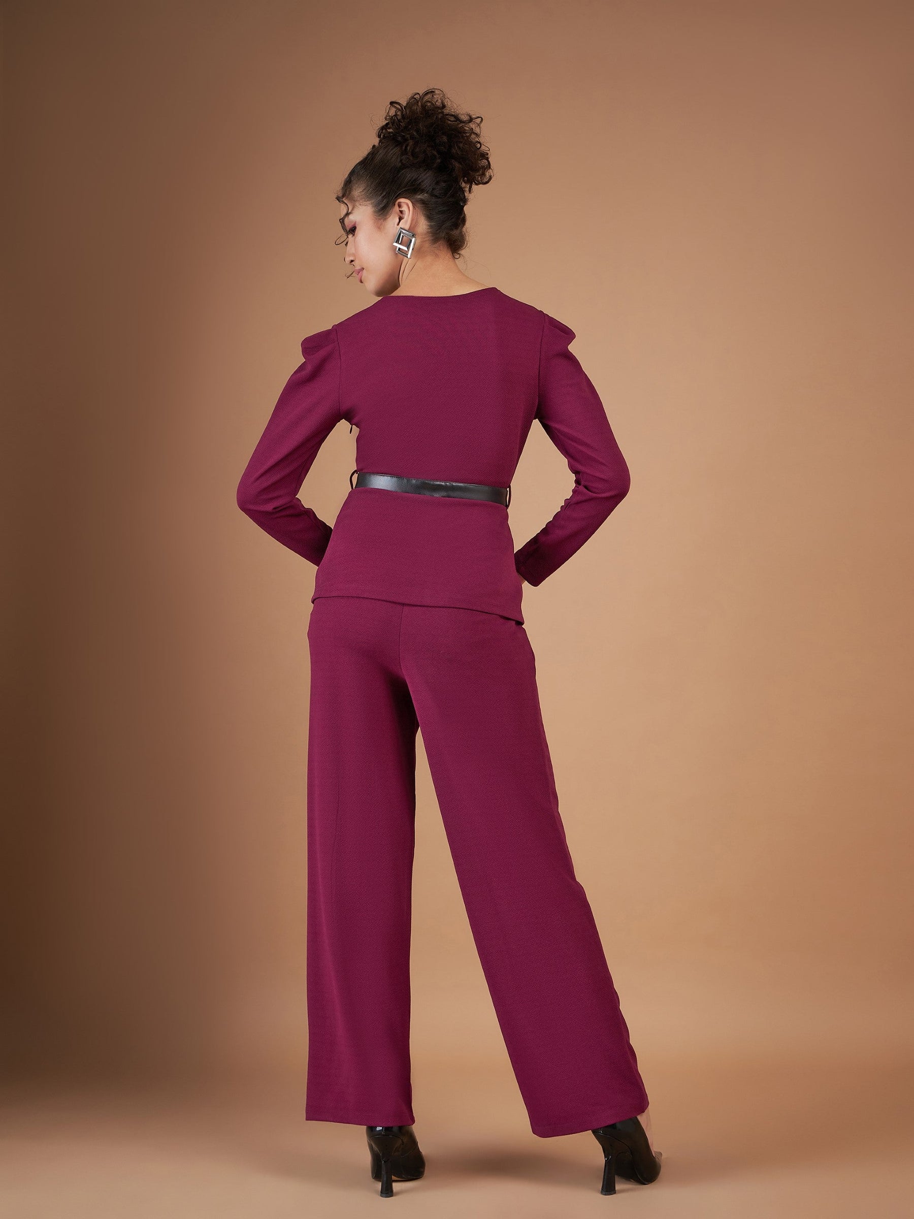 Maroon Belted Peplum Top With Darted Straight Pants-SASSAFRAS