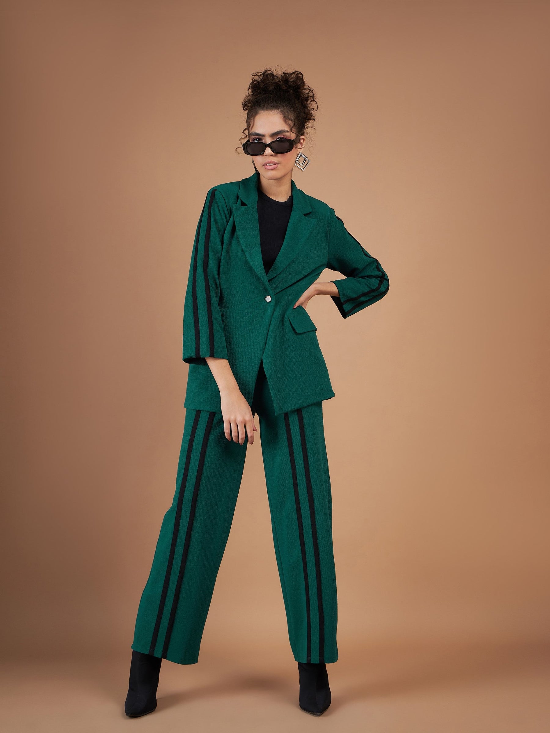 Emerald Contrast Tape Blazer With Straight Pants-SASSAFRAS