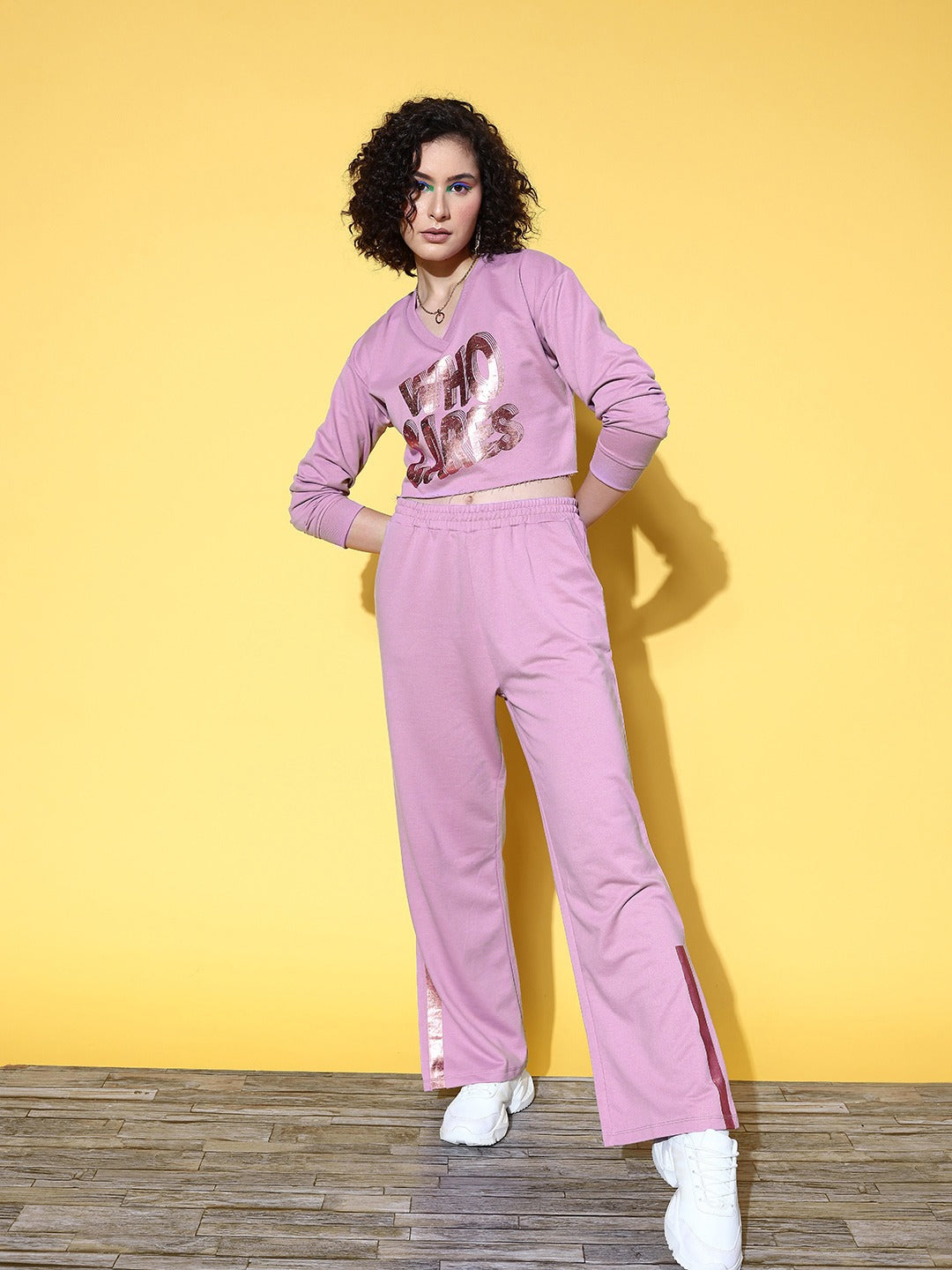 Women Lilac WHO CARES Crop Terry Sweatshirt With Pants