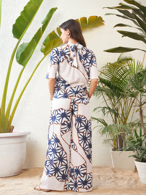 White Abstract Printed Top With Palazzo Pants-SASSAFRAS