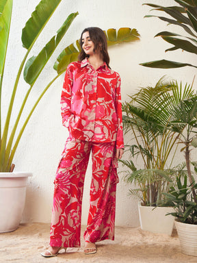 Red Floral Oversize Shirt With Box Pocket Pants-SASSAFRAS