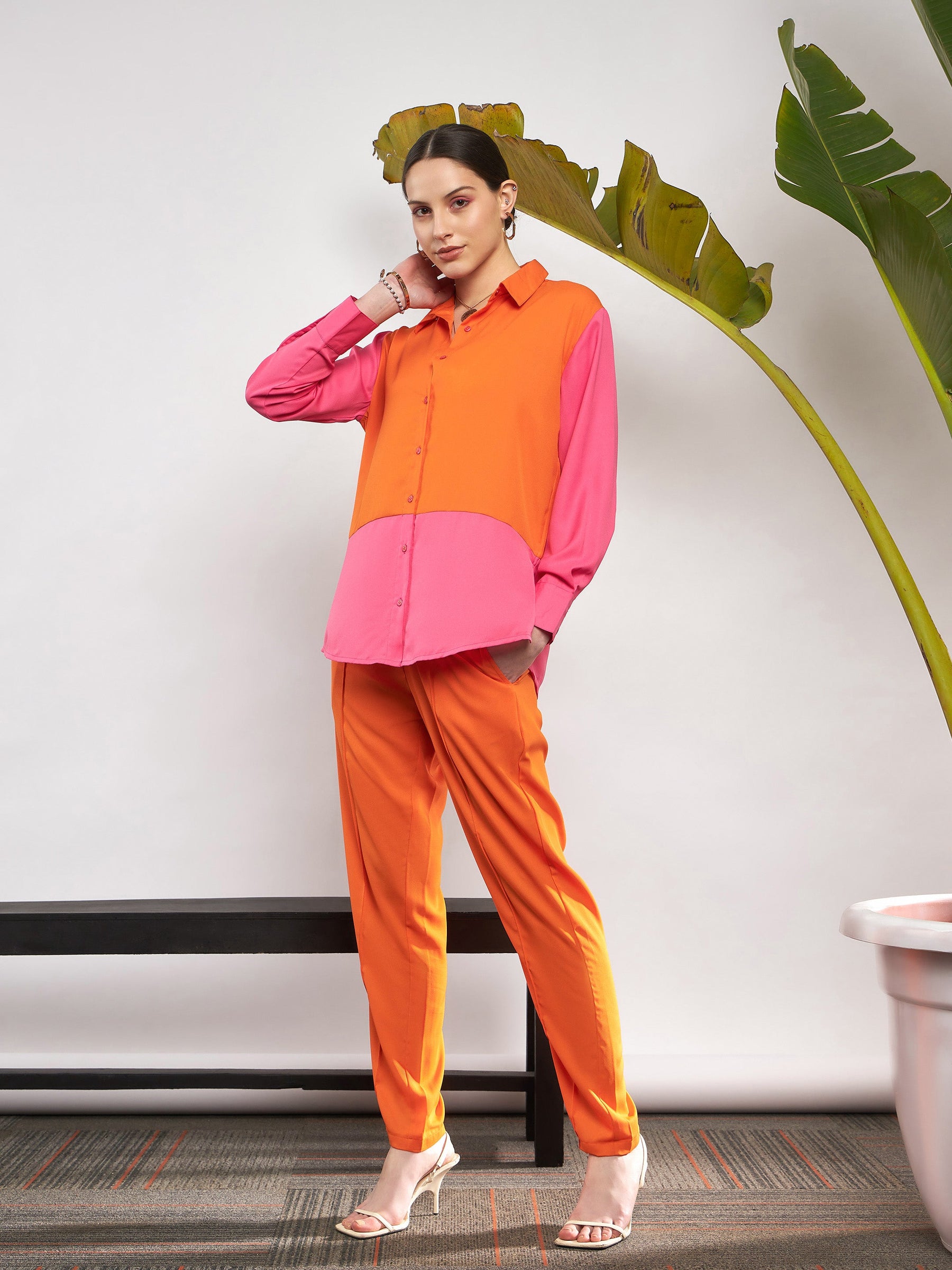 Orange & Pink ColorBlock Shirt With Darted Pants -SASSAFRAS