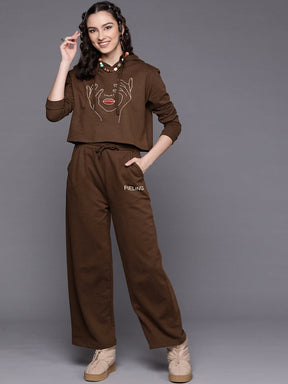 Brown Line Art Crop Hoodie With Track Pants-SASSAFRAS