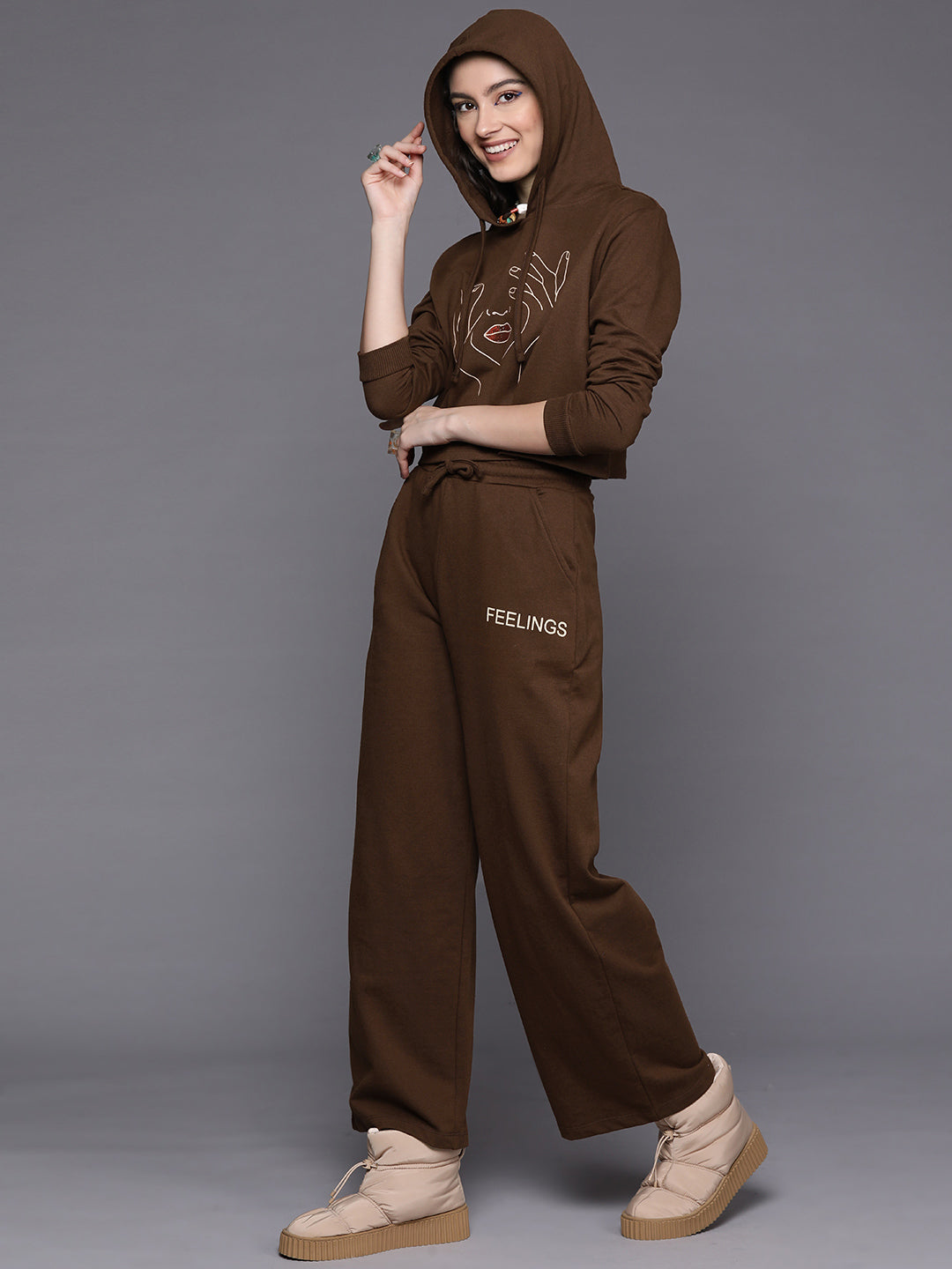 Women Brown Line Art Crop Hoodie With Track Pants