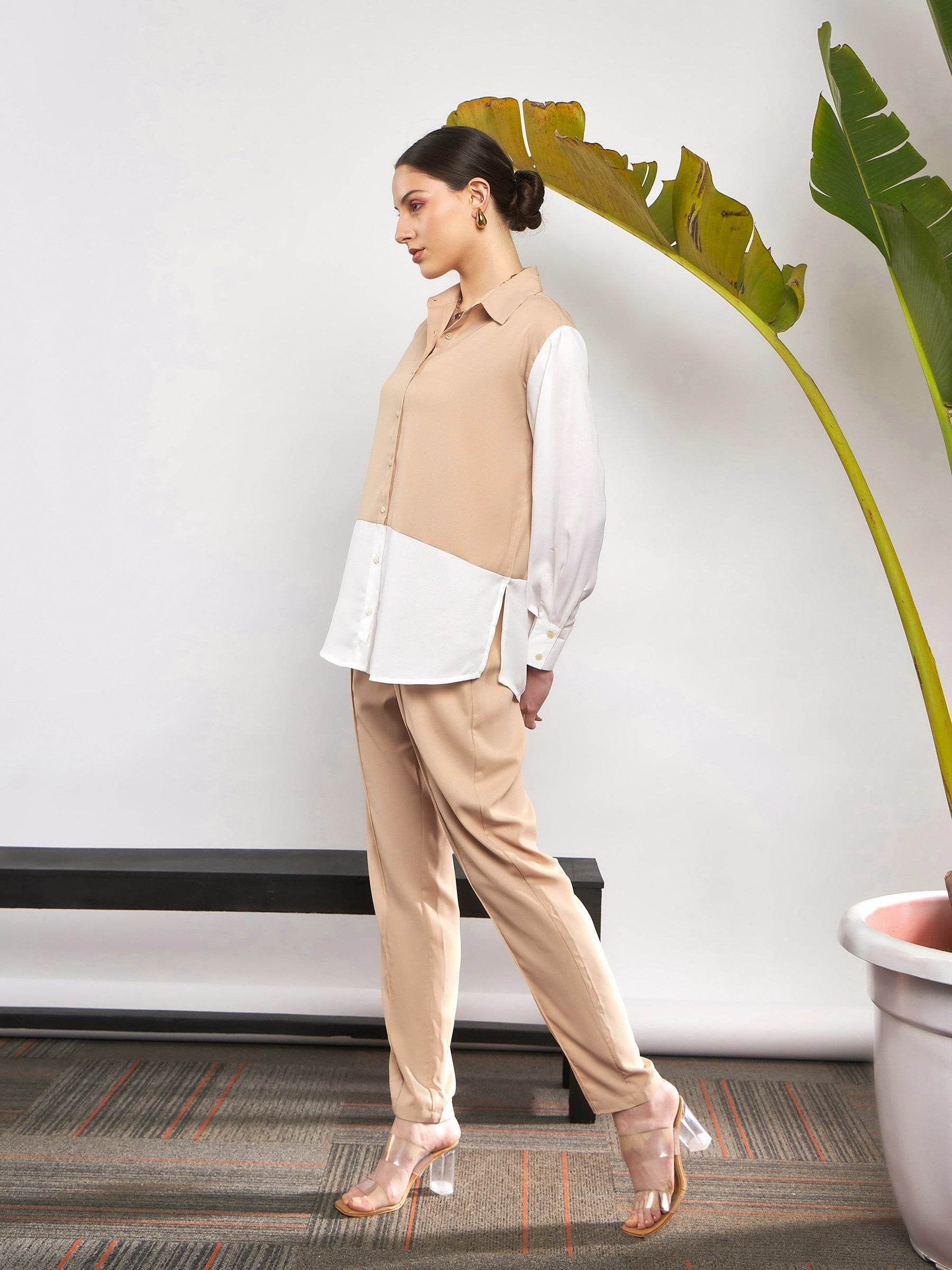 Women Beige White ColorBlock Shirt With Darted Pants
