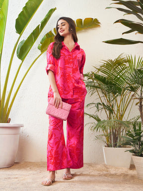 Magenta Floral Shirt With Lounge Pants-SASSAFRAS