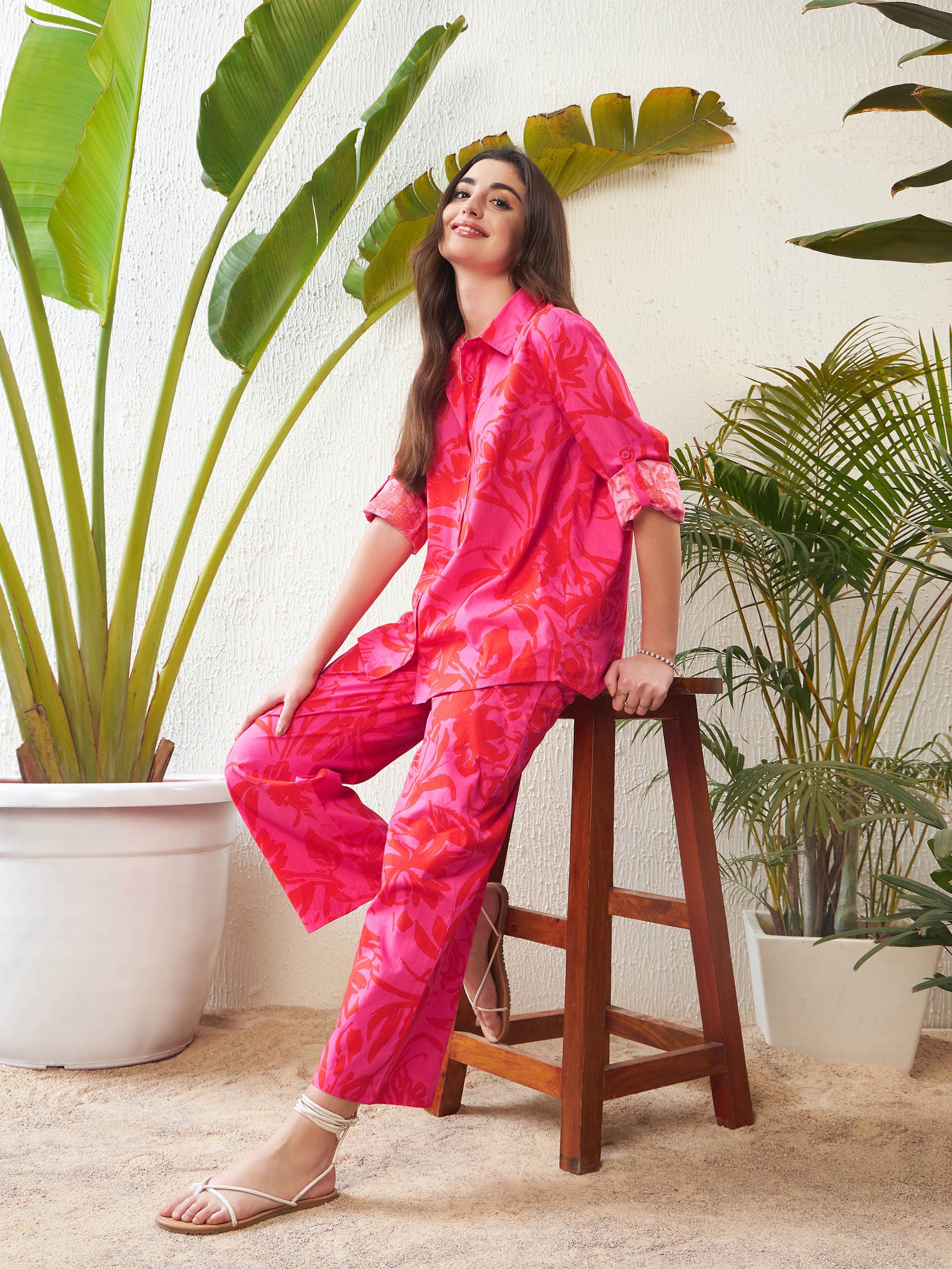 Magenta Floral Shirt With Lounge Pants-SASSAFRAS