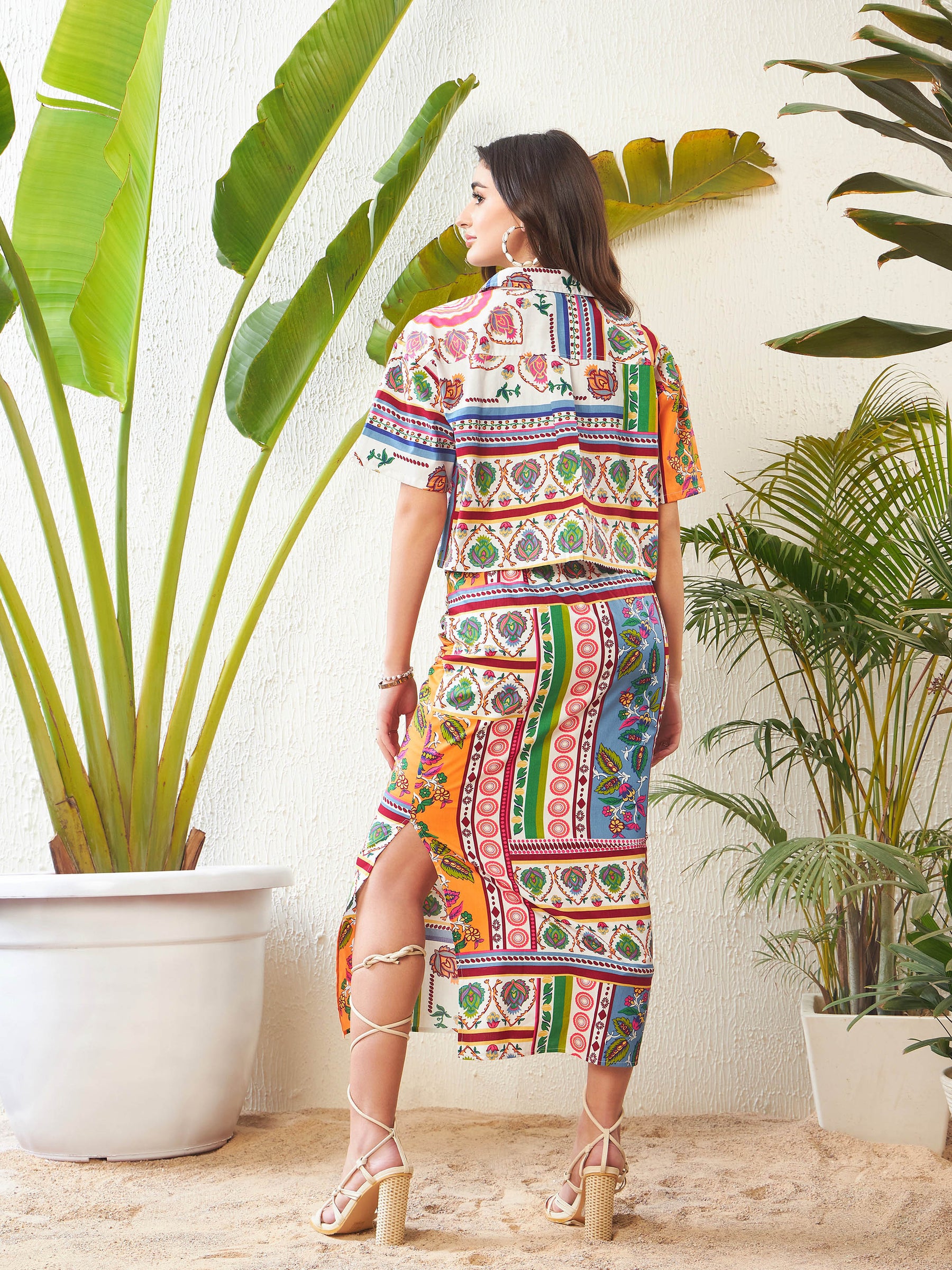Buy Multi Patch Crop Shirt With Side Ruched Maxi Skirt Online At