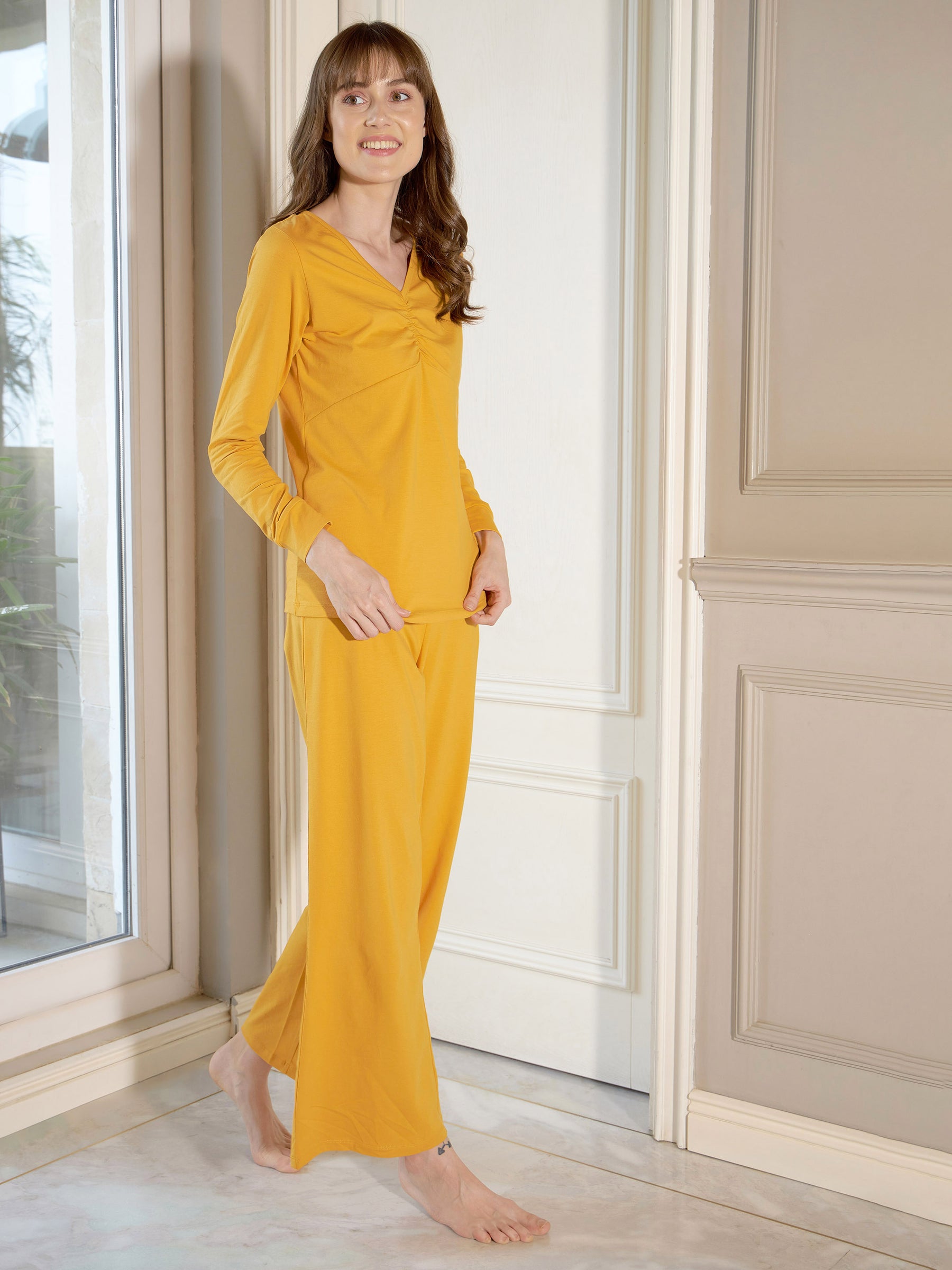 Women Mustard Ruched T-Shirt With Lounge Pants