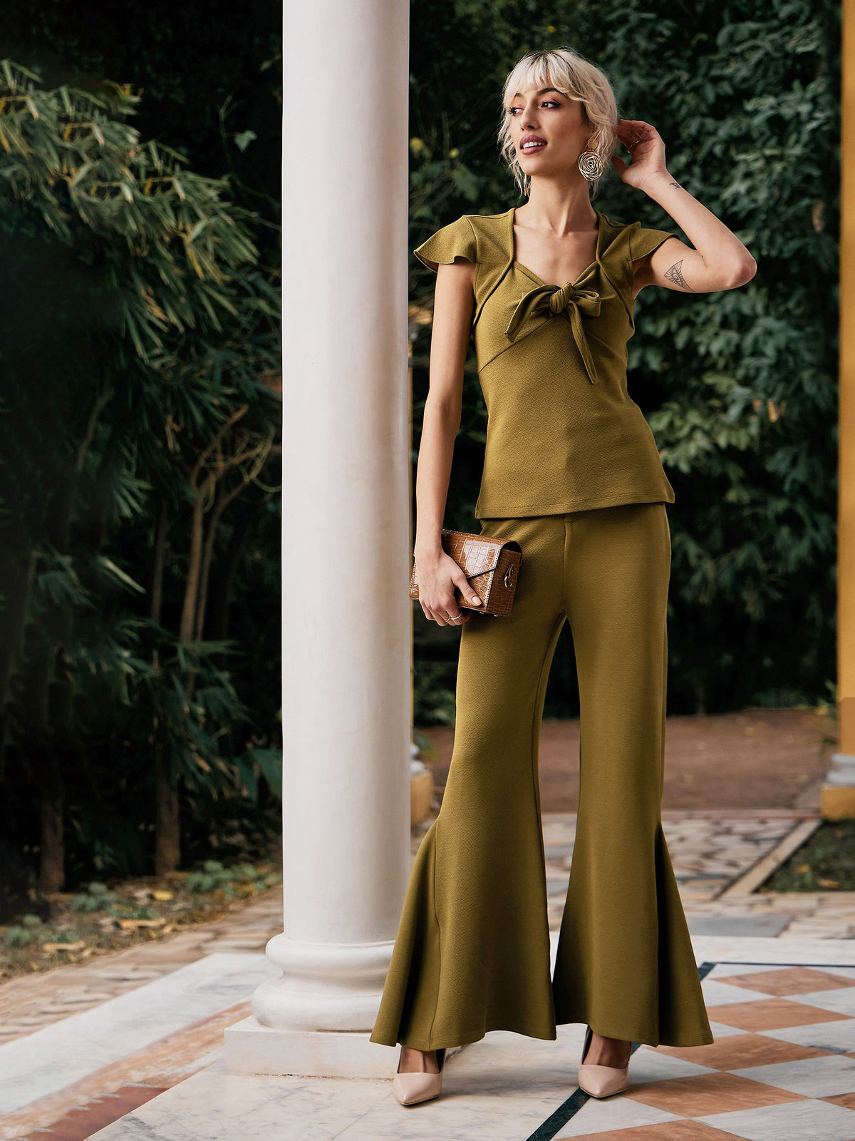 Olive Tie-Knot Top With Kick Pleat Pants-SASSAFRAS