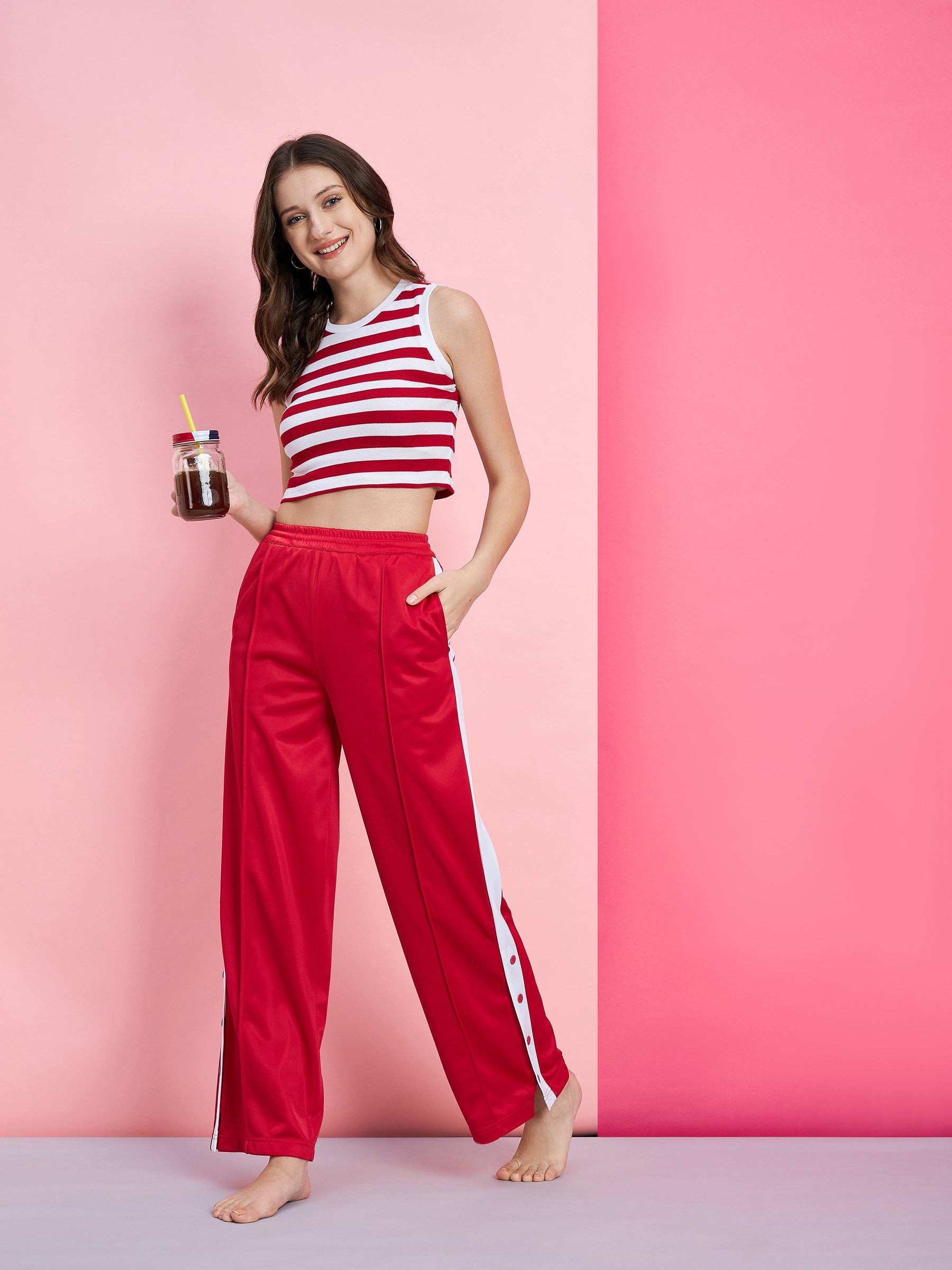 Women Red & White Stripe Rib Crop Top With Red Side Button Track Pants