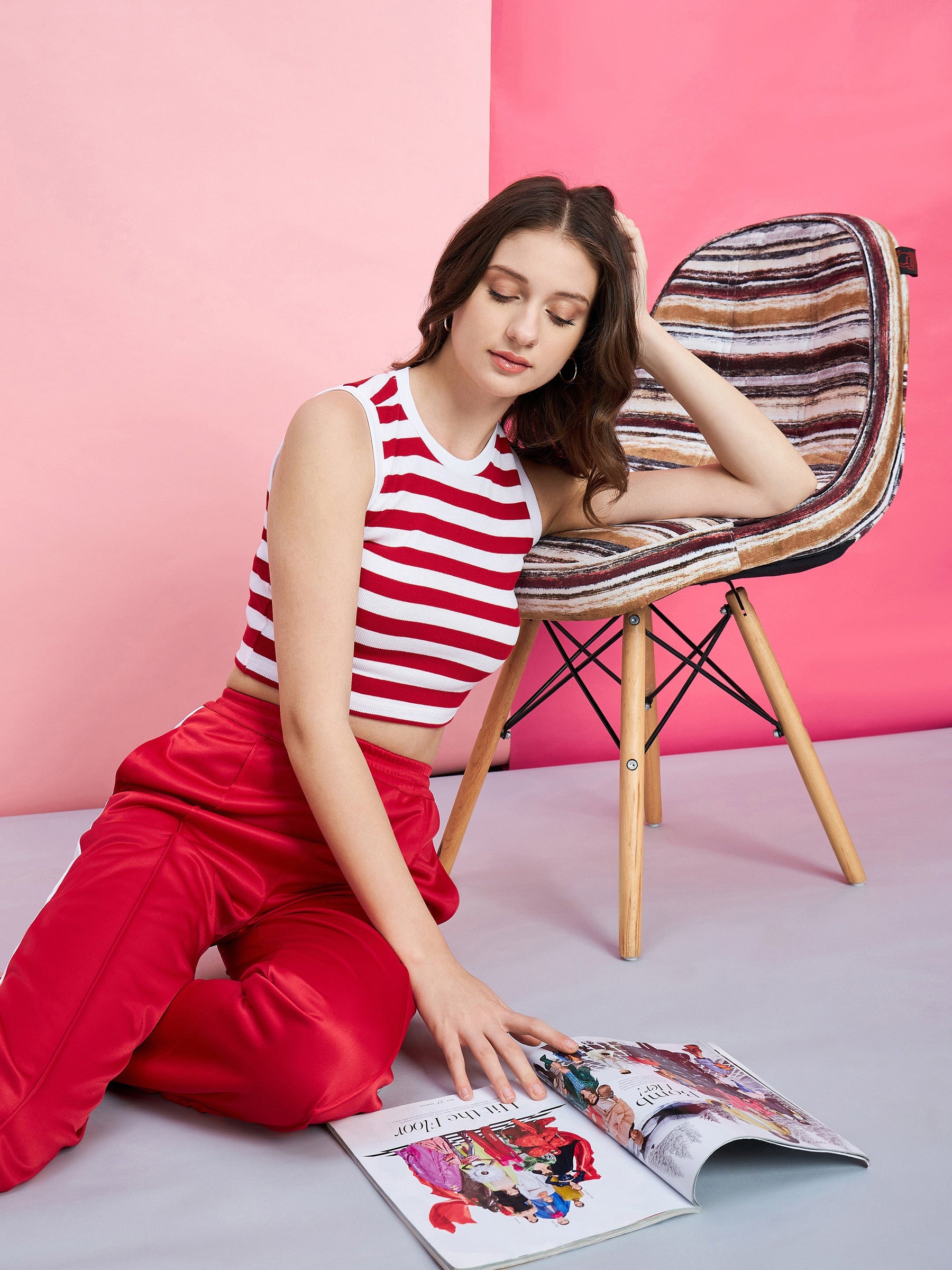 Women Red  White Stripe Rib Crop Top With Red Side Button Track Pants