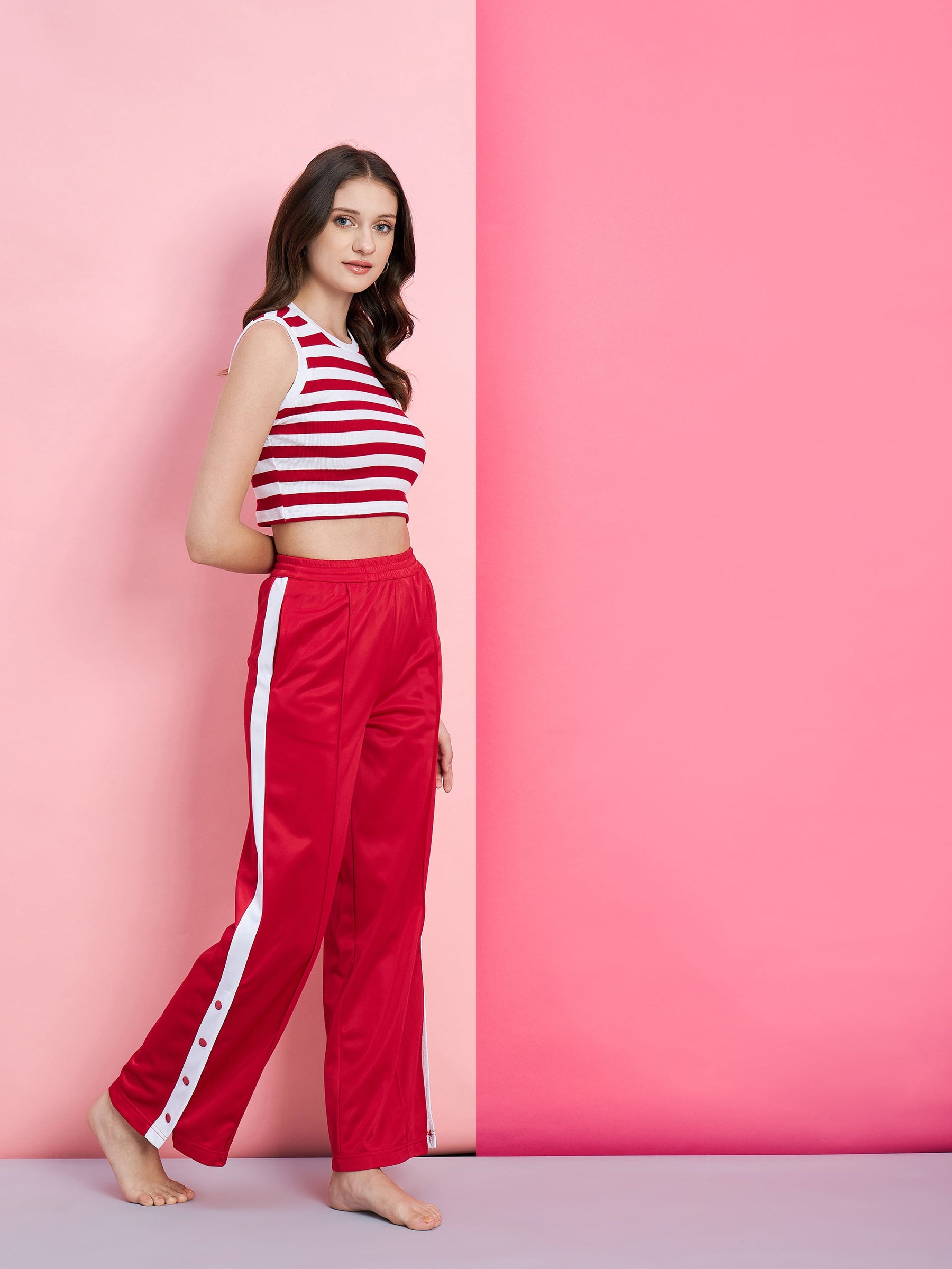 Women Red & White Stripe Rib Crop Top With Red Side Button Track Pants