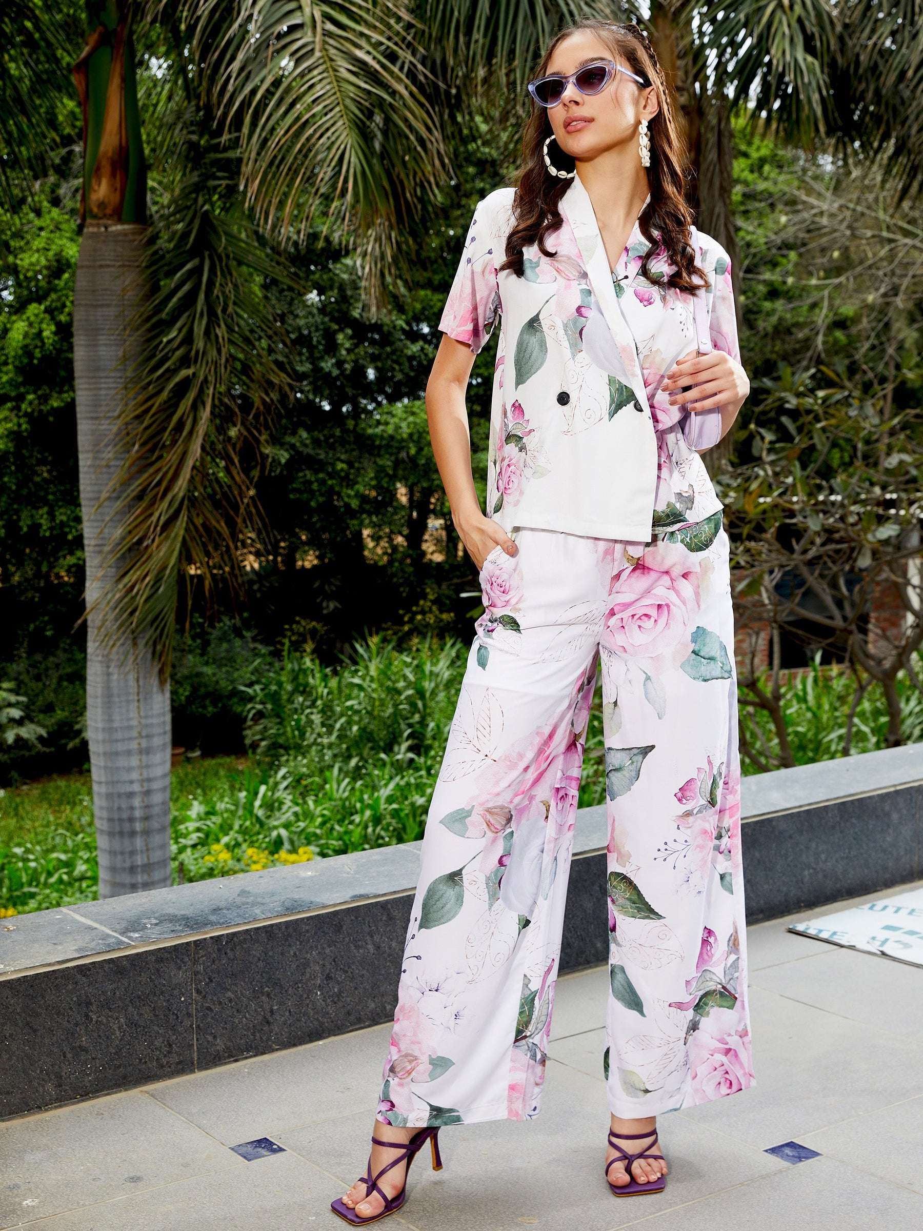 Women White Floral Shawl Collar Top With Pants