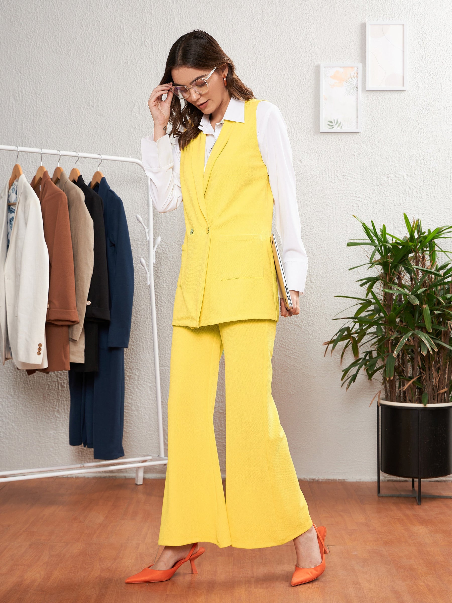 Yellow Chinon Front Cut Shrug With Blouse And Pants – Bairaas