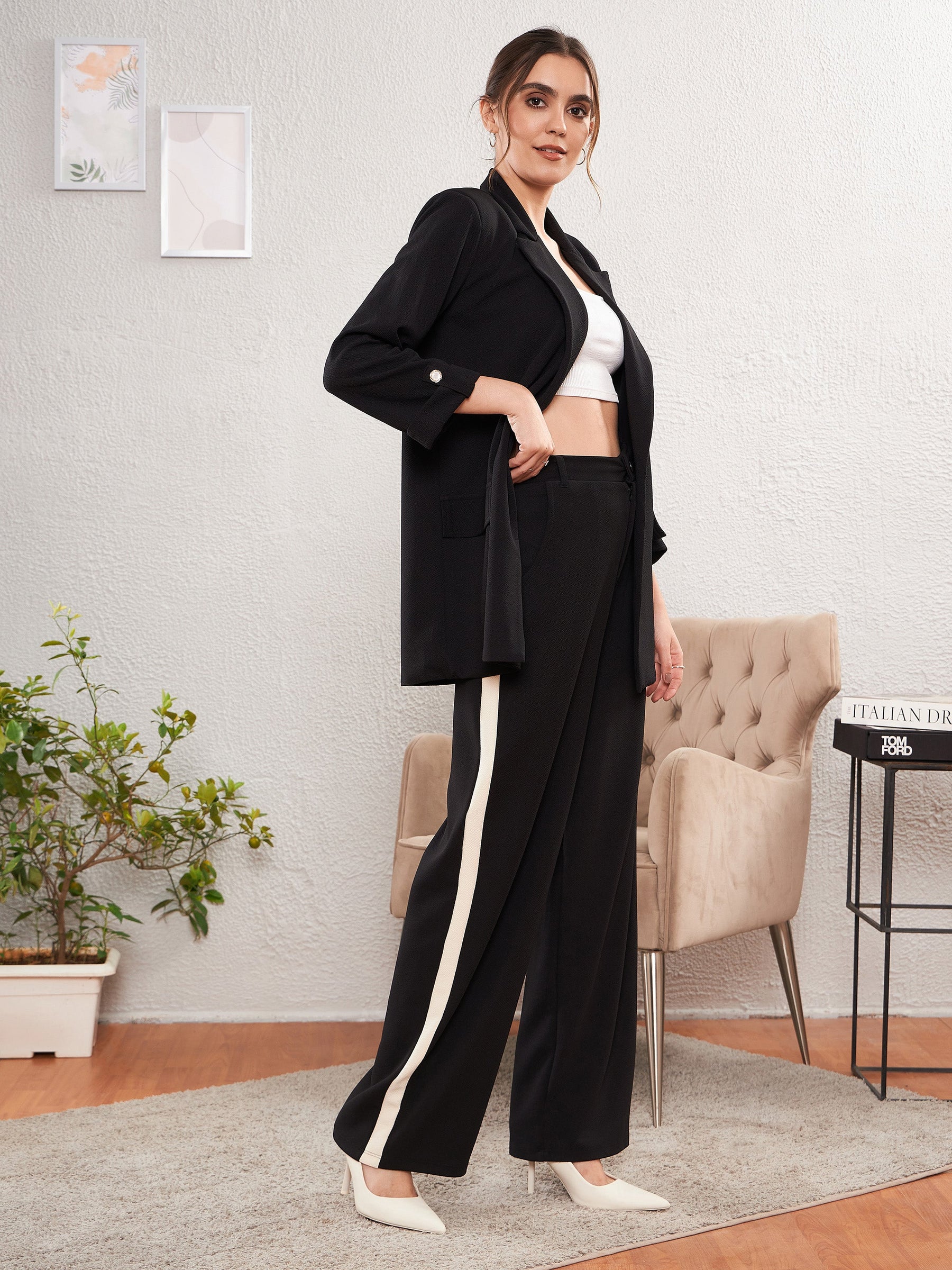 Black Longline Blazer With Side Tape Pants-SASSAFRAS worklyf