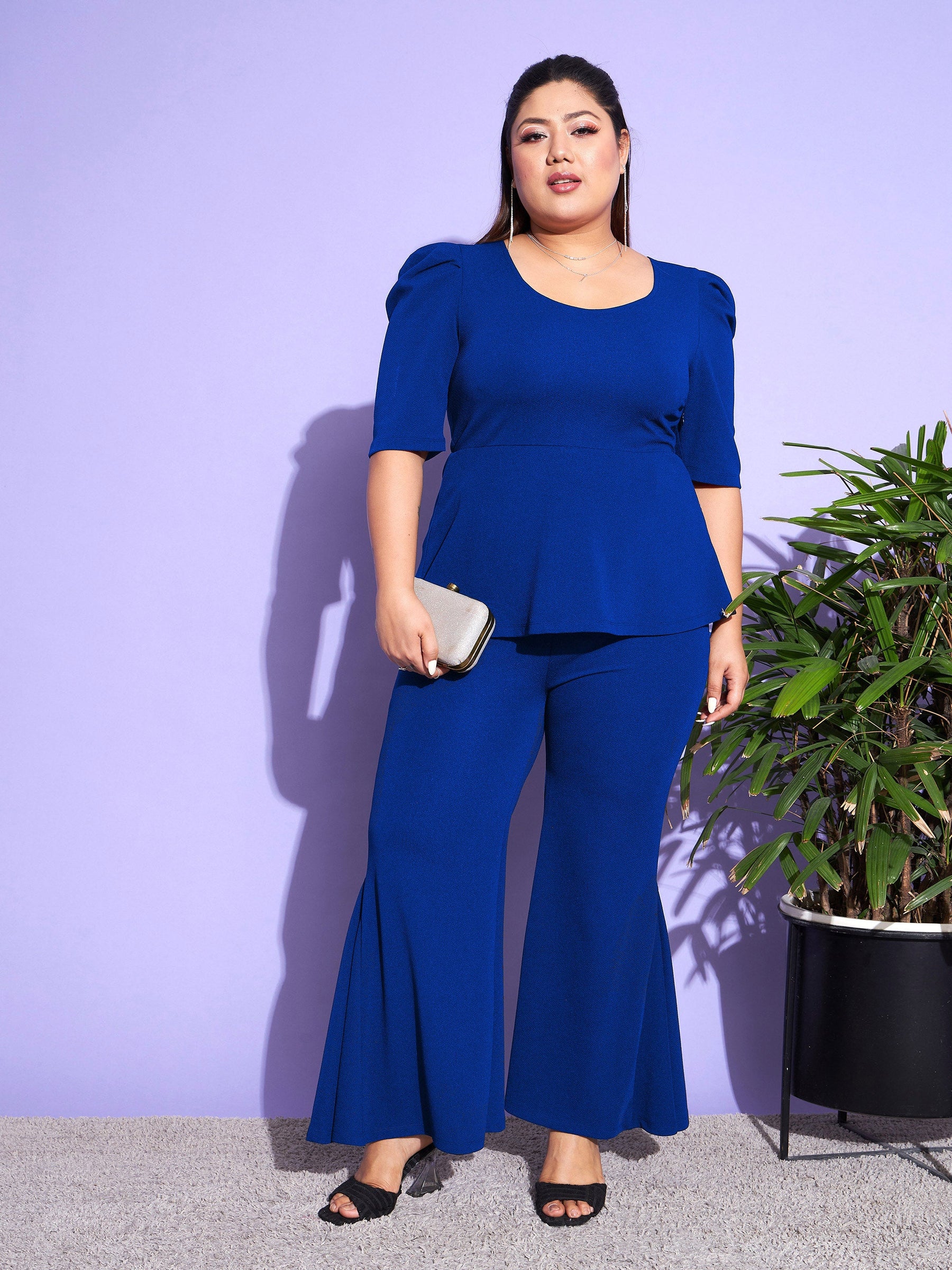 Women Royal Blue Peplum Top With Kick Pleats Pants1