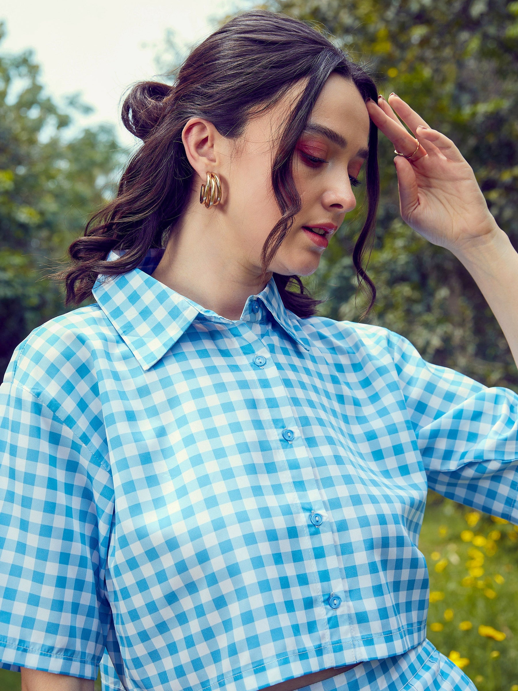 Women Blue Check Crop Shirt With Pleated Mini Skirt