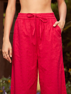 Red Schiffli Crop Shirt With Wide Leg Pants-SASSAFRAS