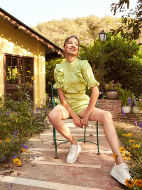 Lime Green Schiffli Puff Sleeves Shirt With Paperwaist Shorts-SASSAFRAS